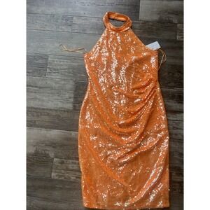 NWT Caroline Constas Orange Sequin Halter Midi Dress Size Large Cruise Fancy